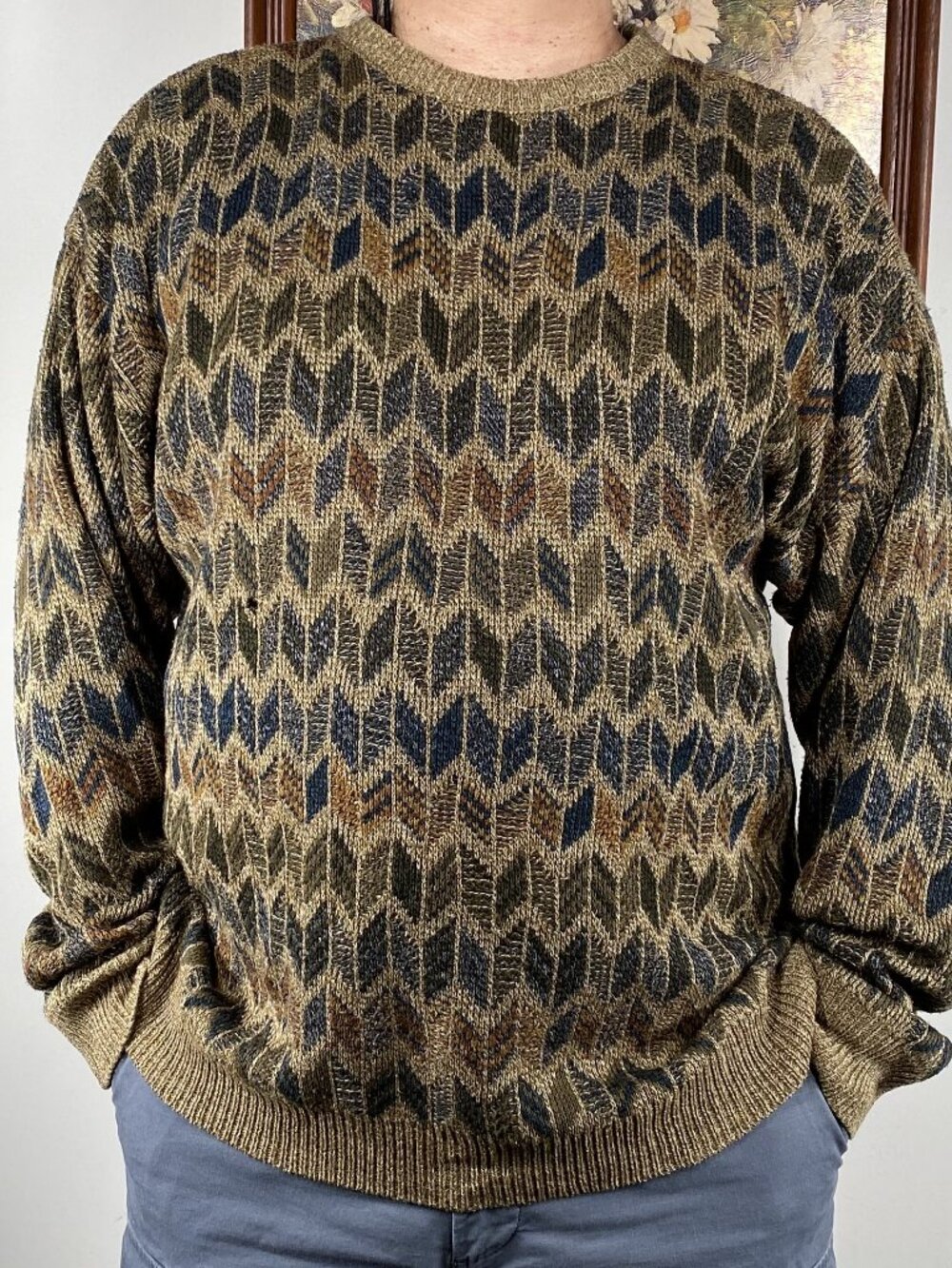 Vintage Serafini Ribbed Knit Cosby Sweater Men's Large Multicolor Chevron VTG